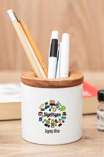 Diyetisyene Hediye Seti Ahşap Altlıklı Fincan ve Kalemlik