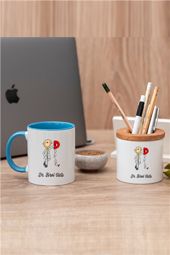 Doktor Karikatürü Renkli Kupa Bardak ve Kalemlik