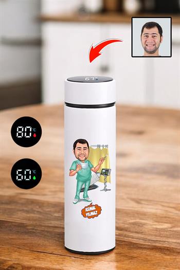 Doktora Hediye Karikatür Baskılı Dijital Sıcaklık Göstergeli Çelik Termos