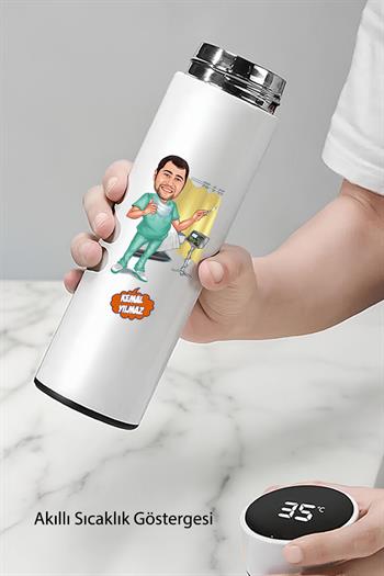 Doktora Hediye Karikatür Baskılı Dijital Sıcaklık Göstergeli Çelik Termos