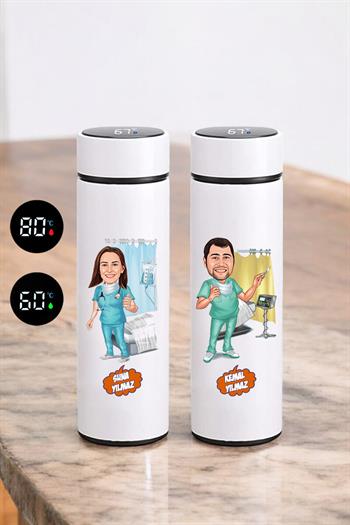 Doktora Hediye Karikatür Baskılı Dijital Sıcaklık Göstergeli Çelik Termos