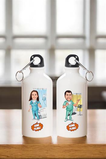 Doktora Hediye Karikatürlü 600ml Metal Su Matarası