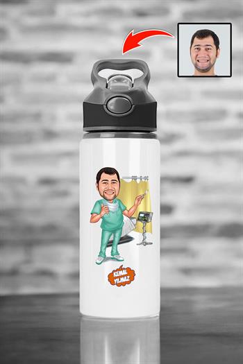 Doktora Hediye Kişiye Özel Karikatürlü Pipetli Su Matarası