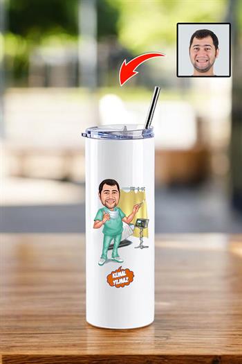 Doktorlara Hediye Çelik Pipetli Karikatürlü Termos Bardak