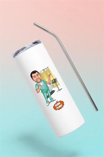 Doktorlara Hediye Çelik Pipetli Karikatürlü Termos Bardak