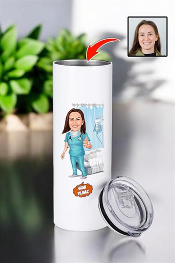 Doktorlara Hediye Çelik Pipetli Karikatürlü Termos Bardak