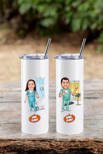 Doktorlara Hediye Çelik Pipetli Karikatürlü Termos Bardak