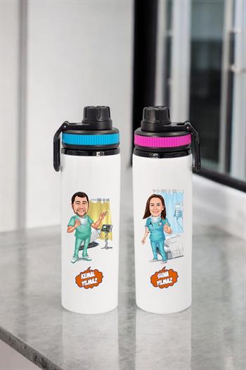 Doktorlara Özel Karikatür Baskılı 850ml Kişiye Özel Su Matarası