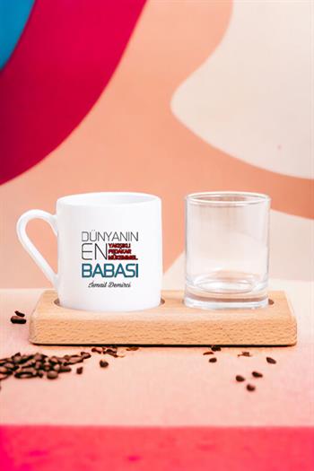 Dünyanın En İyi Babasına Babalar Günü Hediyesi Ahşap Sunumlu Türk Kahvesi Fincanı