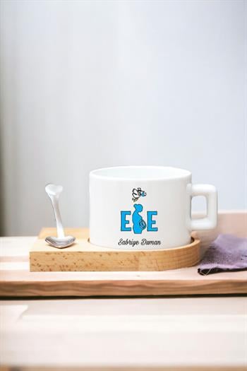 Ebeye Hediye Kalp Kaşıklı Ahşap Altlıklı Fincan