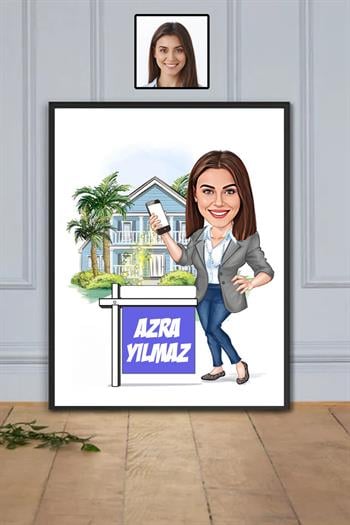 Emlak Ofisine Hediye Kadın Emlakçı Karikatürlü Dikdörtgen Çerçeve