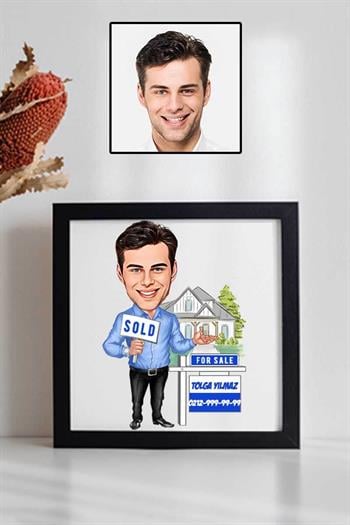 Emlakçı Arkadaşa Hediye Karikatürlü Kare Çerçeve