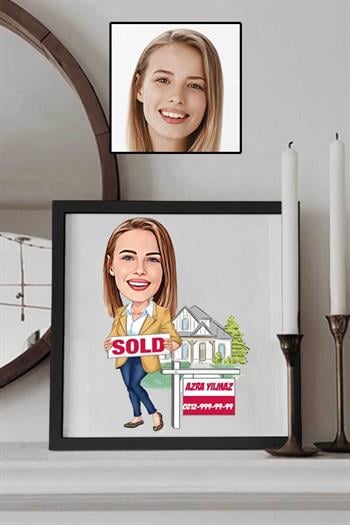 Emlakçı Sevgiliye Hediye Karikatürlü Kare Çerçeve