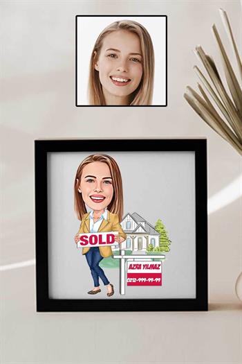 Emlakçı Sevgiliye Hediye Karikatürlü Kare Çerçeve