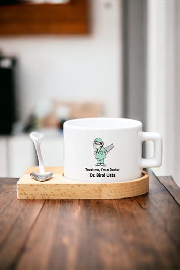 Erkek Cerraha Hediye Esprili Tasarım Kalp Kaşıklı Ahşap Altlıklı Fincan