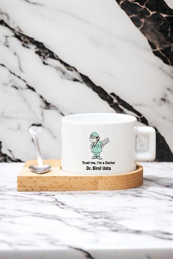 Erkek Cerraha Hediye Esprili Tasarım Kalp Kaşıklı Ahşap Altlıklı Fincan
