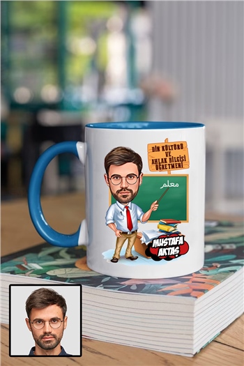 Erkek Din Kültürü Öğretmenine Özel Hediye Karikatürlü İçi Renkli Kupa Bardak