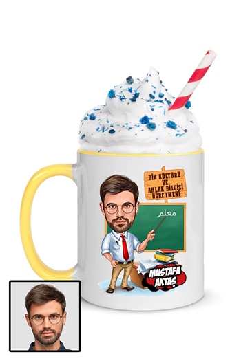 Erkek Din Kültürü Öğretmenine Özel Hediye Karikatürlü İçi Renkli Kupa Bardak
