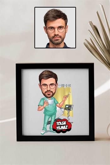 Erkek Doktora Teşekkür Hediyesi Karikatürlü Kare Çerçeve