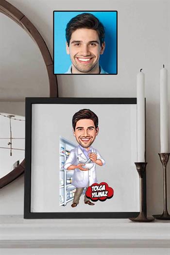 Erkek Eczacıya Hediye Karikatürlü Kare Çerçeve