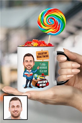 Erkek Edebiyat Öğretmenine Özel Hediye Karikatürlü İçi Renkli Kupa Bardak