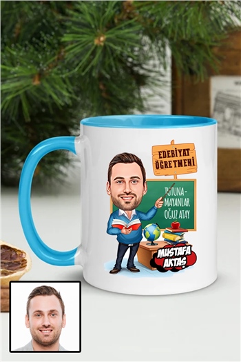 Erkek Edebiyat Öğretmenine Özel Hediye Karikatürlü İçi Renkli Kupa Bardak