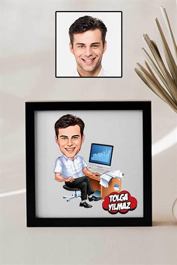 Erkek Ekonomiste Hediye Karikatürlü Kare Çerçeve