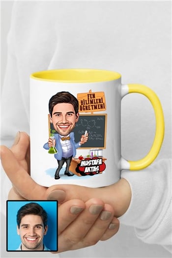 Erkek Fen Bilimleri Öğretmenine Özel Hediye Karikatürlü İçi Renkli Kupa Bardak