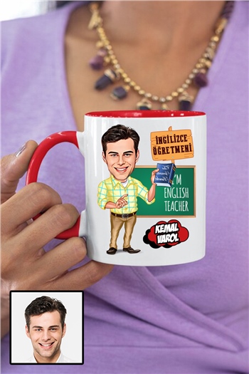 Erkek İngilizce Öğretmenine Özel Hediye Karikatürlü İçi Renkli Kupa Bardak