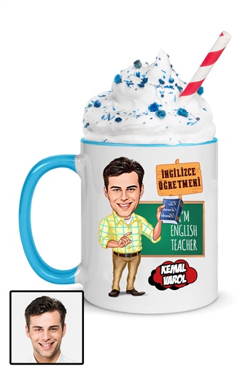 Erkek İngilizce Öğretmenine Özel Hediye Karikatürlü İçi Renkli Kupa Bardak