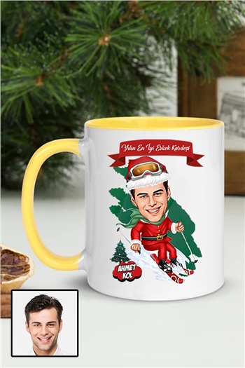 Erkek Kardeşe Yılbaşı Hediyesi Karikatürlü İçi Renkli Kupa Bardak