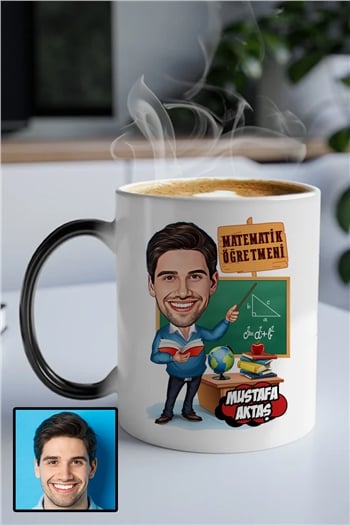 Erkek Matematik Öğretmenine Kişiye Özel Hediye Karikatürlü Sihirli Kupa Bardak