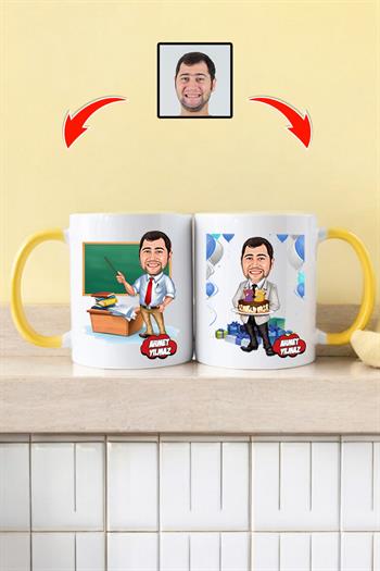 Erkek Öğretmene Doğum Günü Hediyesi Karikatürlü Kupa Bardak
