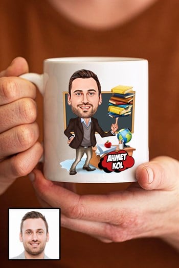 Erkek Öğretmene Hediye Karikatürlü Beyaz Kupa Bardak