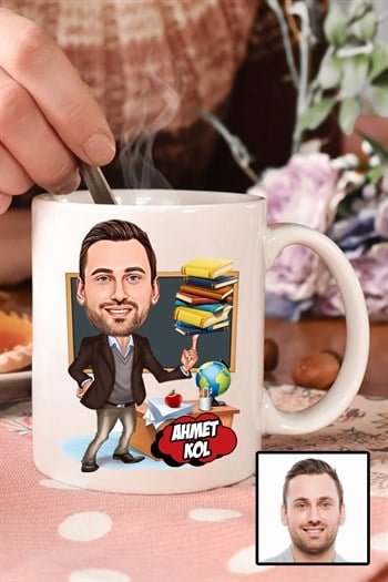 Erkek Öğretmene Hediye Karikatürlü Beyaz Kupa Bardak