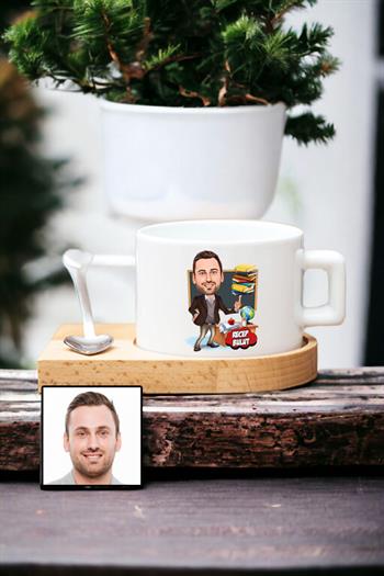 Erkek Öğretmene Özel Hediye Karikatürlü Ahşap Altlıklı Fincan