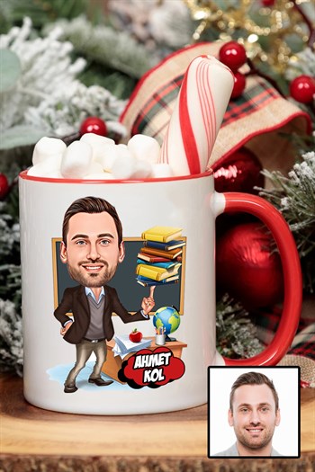 Erkek Öğretmene Özel Hediye Karikatürlü İçi Renkli Kupa Bardak