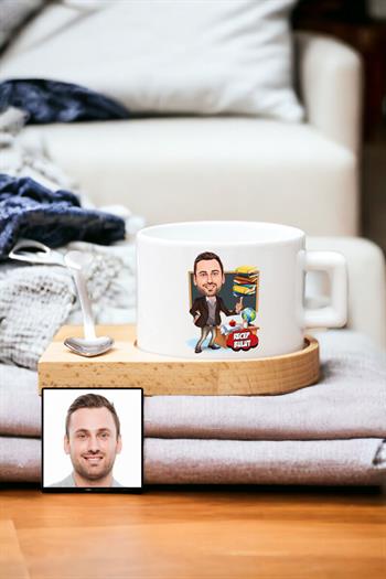 Erkek Öğretmene Özel Hediye Karikatürlü Ahşap Altlıklı Fincan