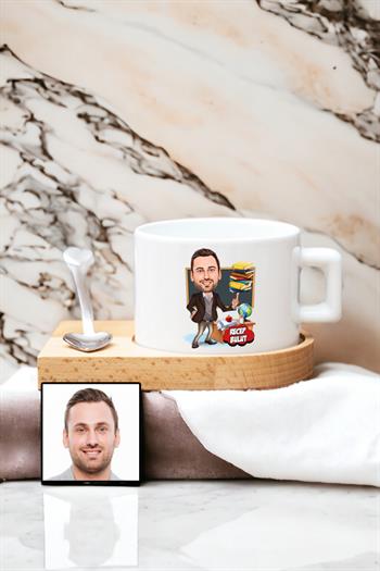 Erkek Öğretmene Özel Hediye Karikatürlü Ahşap Altlıklı Fincan