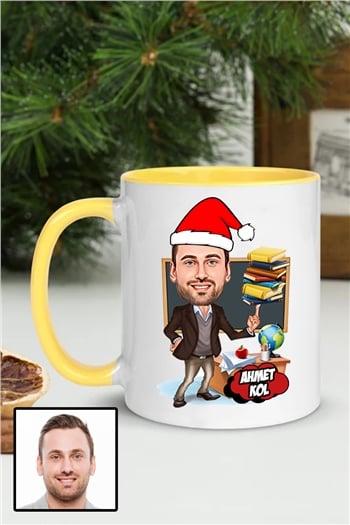 Erkek Öğretmene Yılbaşı Hediyesi Karikatürlü İçi Renkli Kupa Bardak