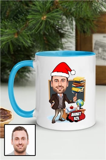 Erkek Öğretmene Yılbaşı Hediyesi Karikatürlü İçi Renkli Kupa Bardak