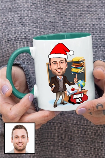 Erkek Öğretmene Yılbaşı Hediyesi Karikatürlü İçi Renkli Kupa Bardak