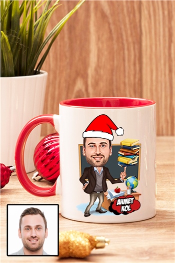 Erkek Öğretmene Yılbaşı Hediyesi Karikatürlü İçi Renkli Kupa Bardak