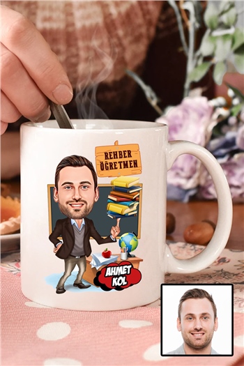 Erkek Rehber Öğretmene Hediye Karikatürlü Beyaz Kupa Bardak