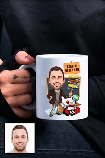 Erkek Rehber Öğretmene Hediye Karikatürlü Beyaz Kupa Bardak