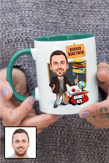 Erkek Rehber Öğretmene Özel Hediye Karikatürlü İçi Renkli Kupa Bardak