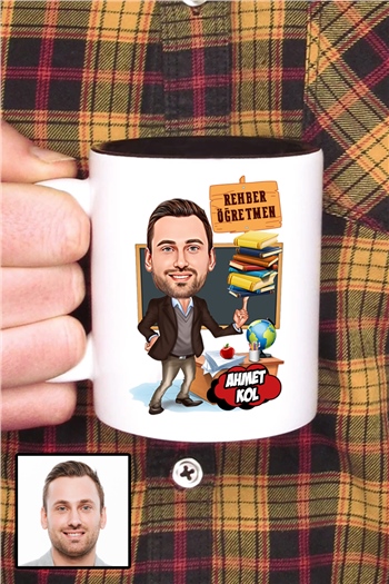 Erkek Rehber Öğretmene Özel Hediye Karikatürlü İçi Renkli Kupa Bardak