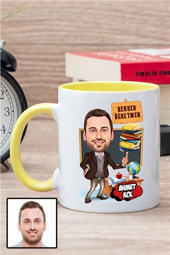 Erkek Rehber Öğretmene Özel Hediye Karikatürlü İçi Renkli Kupa Bardak