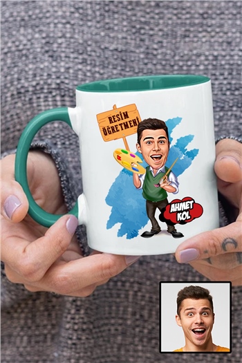 Erkek Resim Öğretmenine Özel Hediye Karikatürlü İçi Renkli Kupa Bardak
