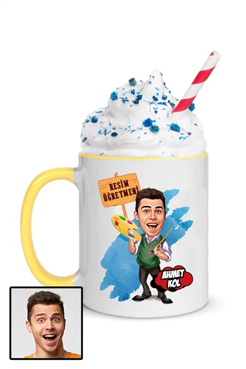 Erkek Resim Öğretmenine Özel Hediye Karikatürlü İçi Renkli Kupa Bardak